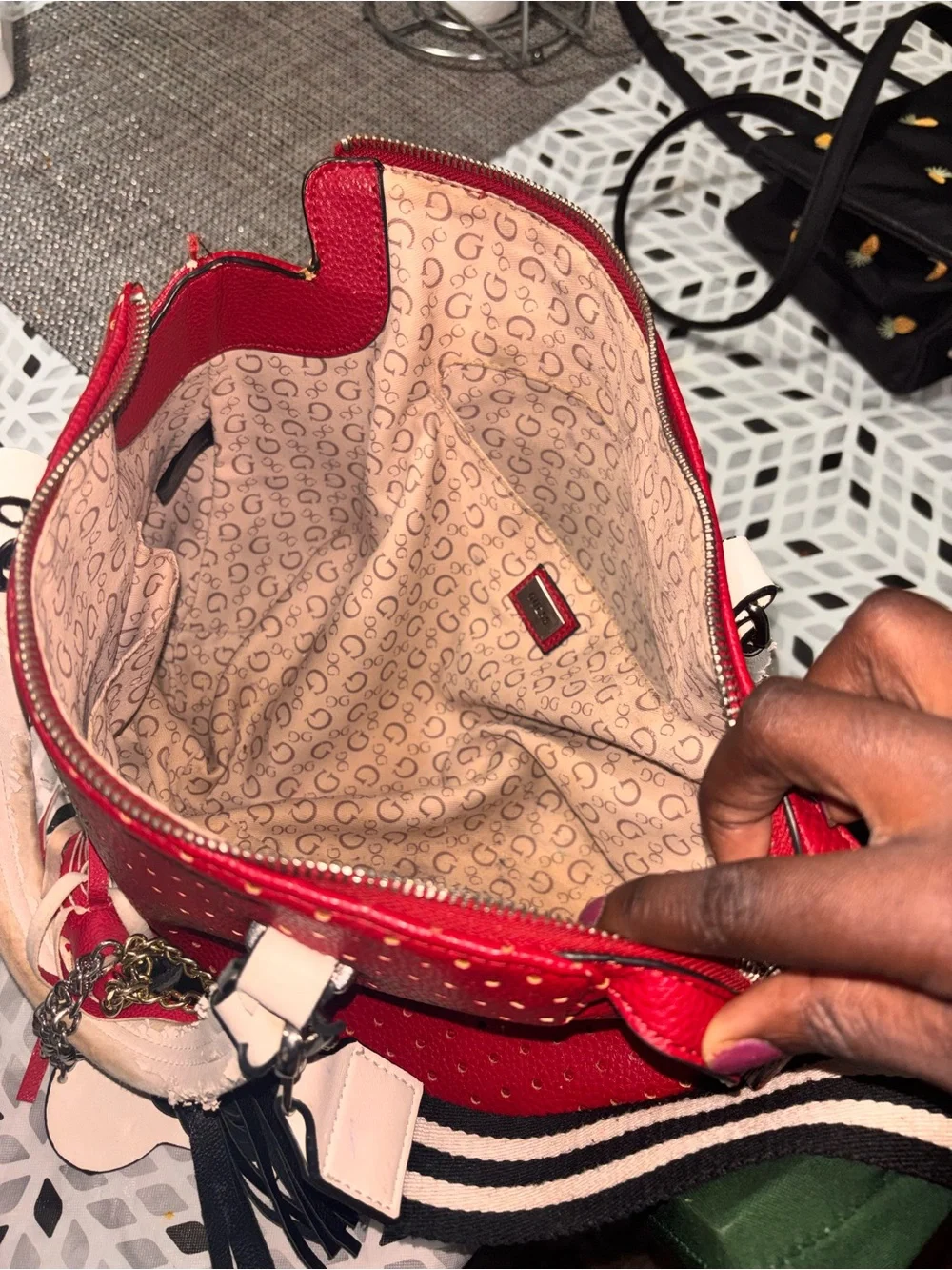 Guess Red Shoulder Bag with White Handles and Striped Strap